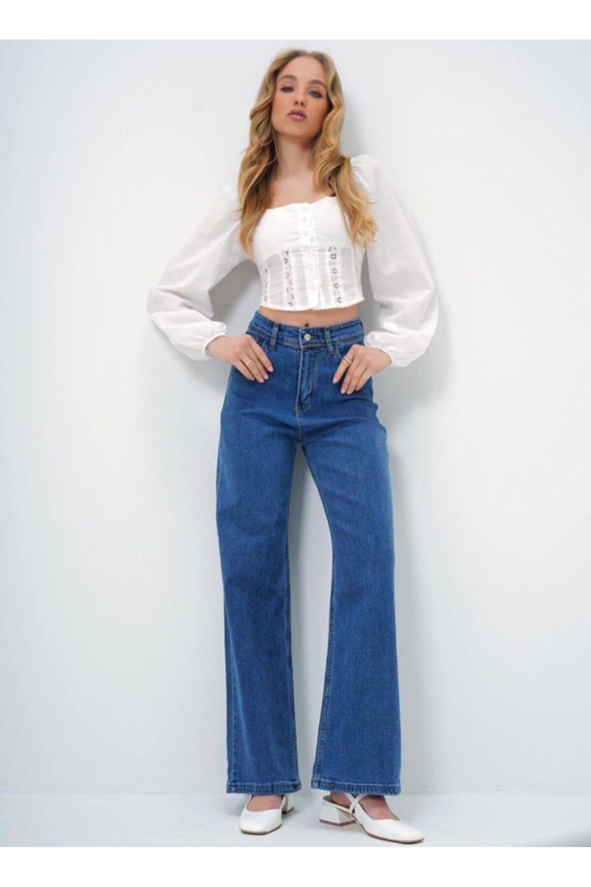 Pearl Life Yüksek Bel Wide Leg Jean Koyu Mavi Bol Paça Denim Pantolon