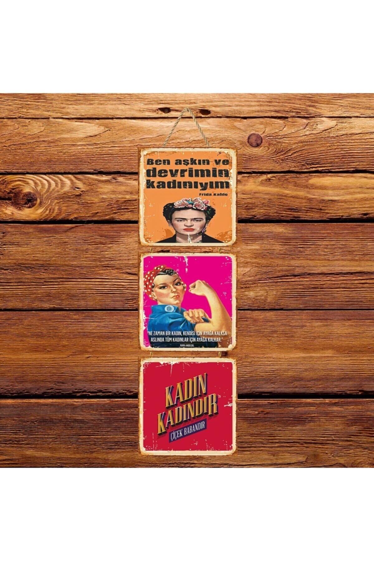 TAKIFİX Kadın Kadındır Üçlü Retro Ahşap Poster