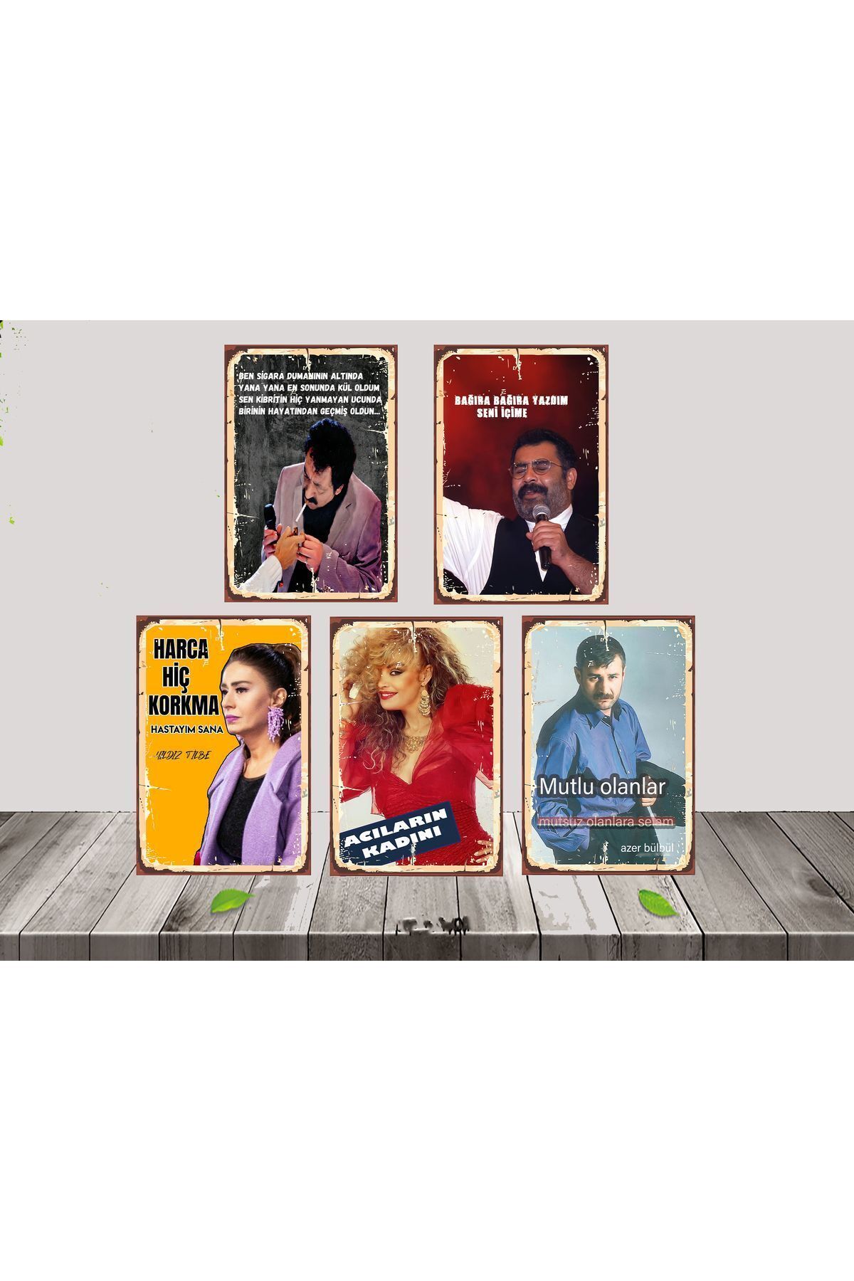 TAKIFİX Yıldız Tilbe Müslüm Gürses Azer Bülbül Ahmet Kaya Temalı 5 Adet 20x30 Cm Ahşap Poster Seti 1