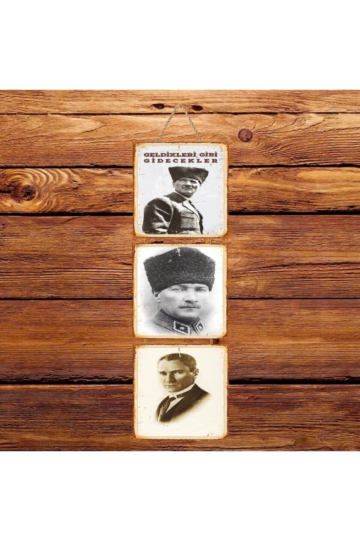 TAKIFİX Atatürk Geldikleri Gibi Gidecekler Üçlü Retro Ahşap Poster