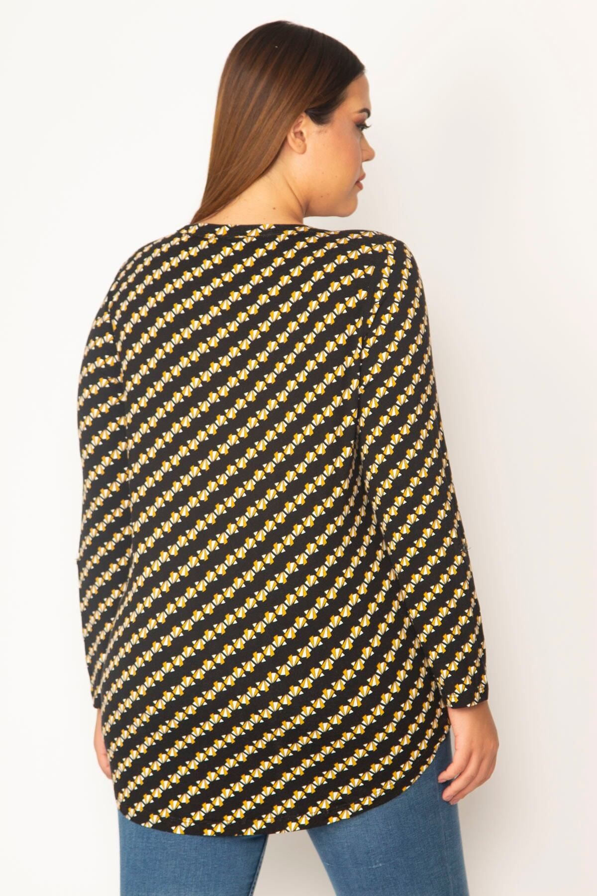 Şans-Women's Large Size Black Front Placket Zippered Viscose Blouse 65n28620 3
