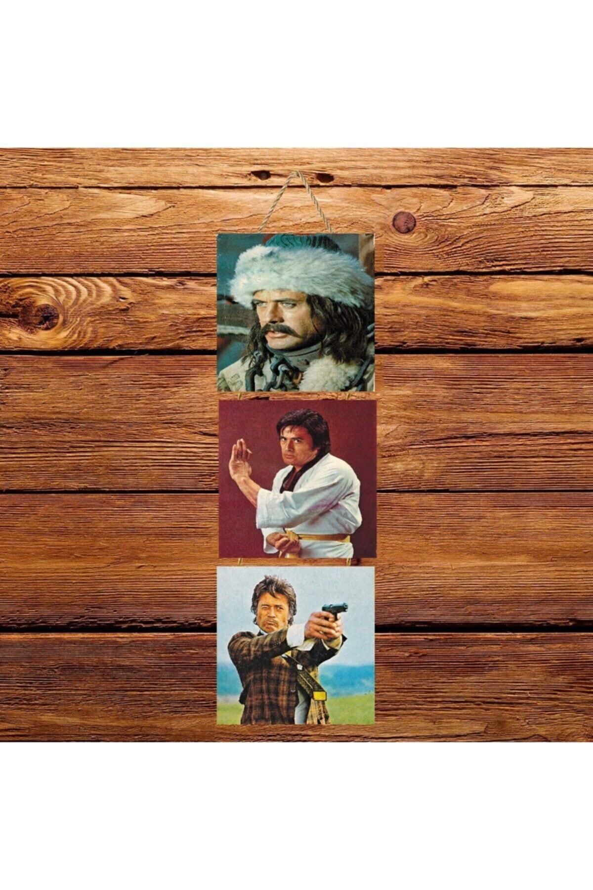 TAKIFİX Cüneyt Arkın Üçlü Retro Ahşap Poster Ü127