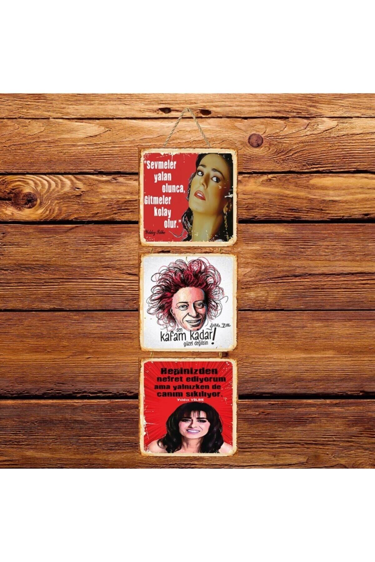 TAKIFİX Yıldız Tilbe Hepinizden Nefret Ediyorum Üçlü Retro Ahşap Poster