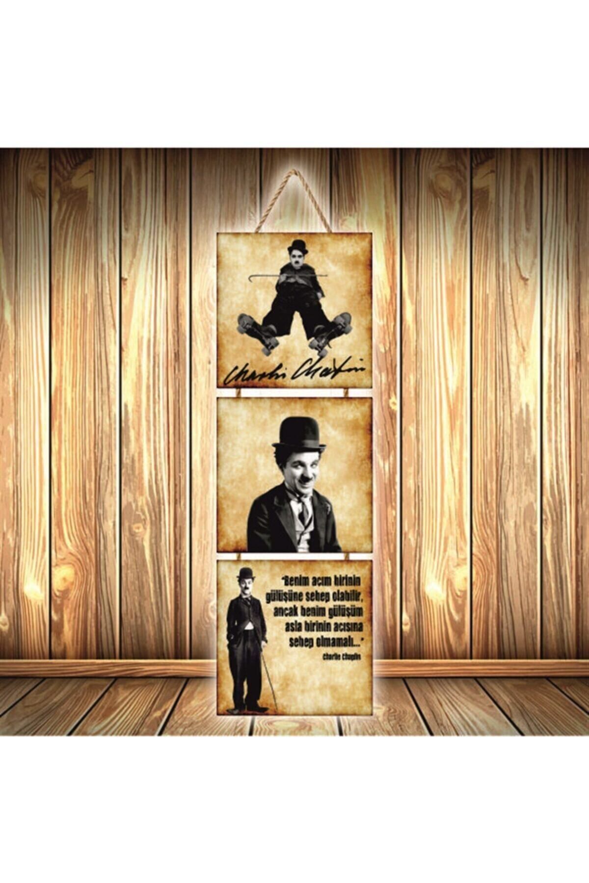 TAKIFİX Charlie Chaplin Tasarımlı Üçlü Retro Ahşap Poster Ü373
