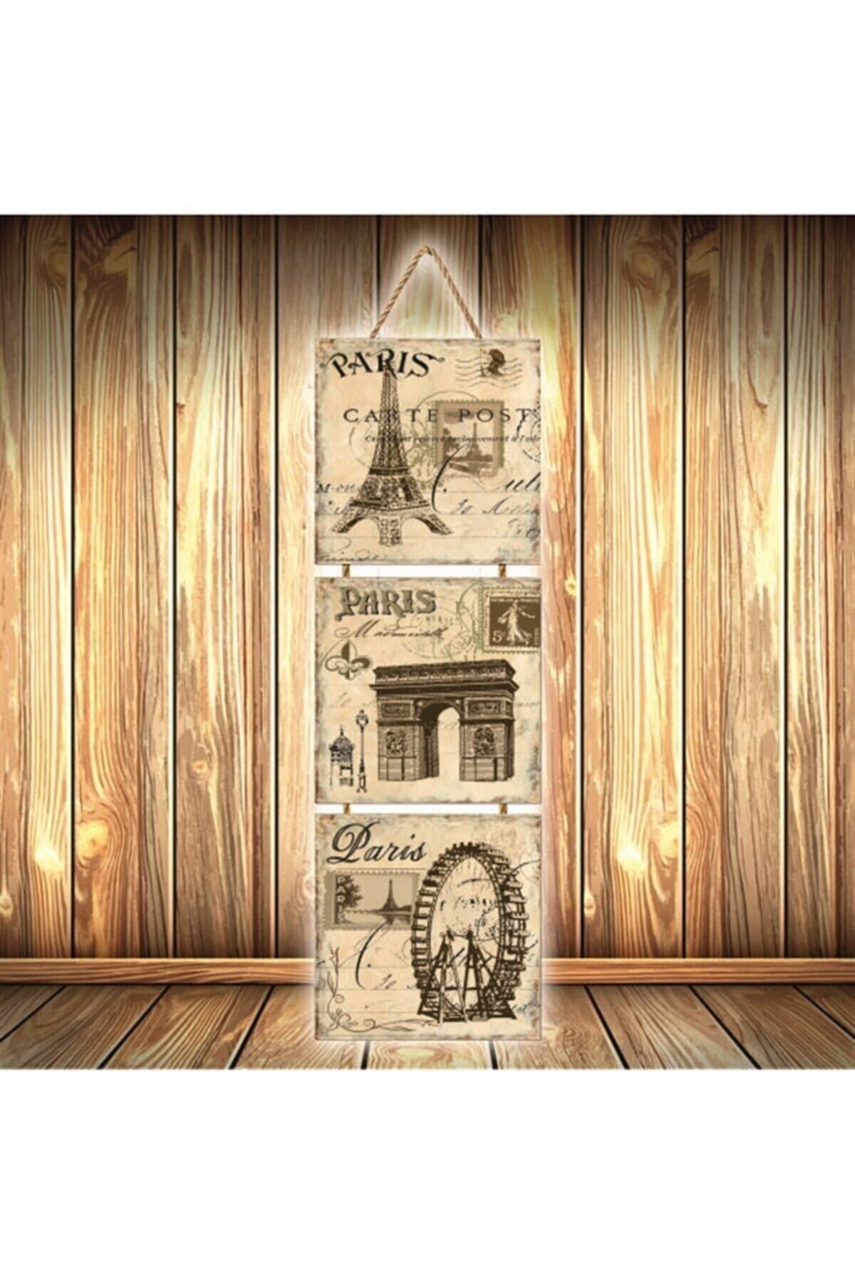 TAKIFİX Paris Tasarımlı Üçlü Retro Ahşap Poster Ü407