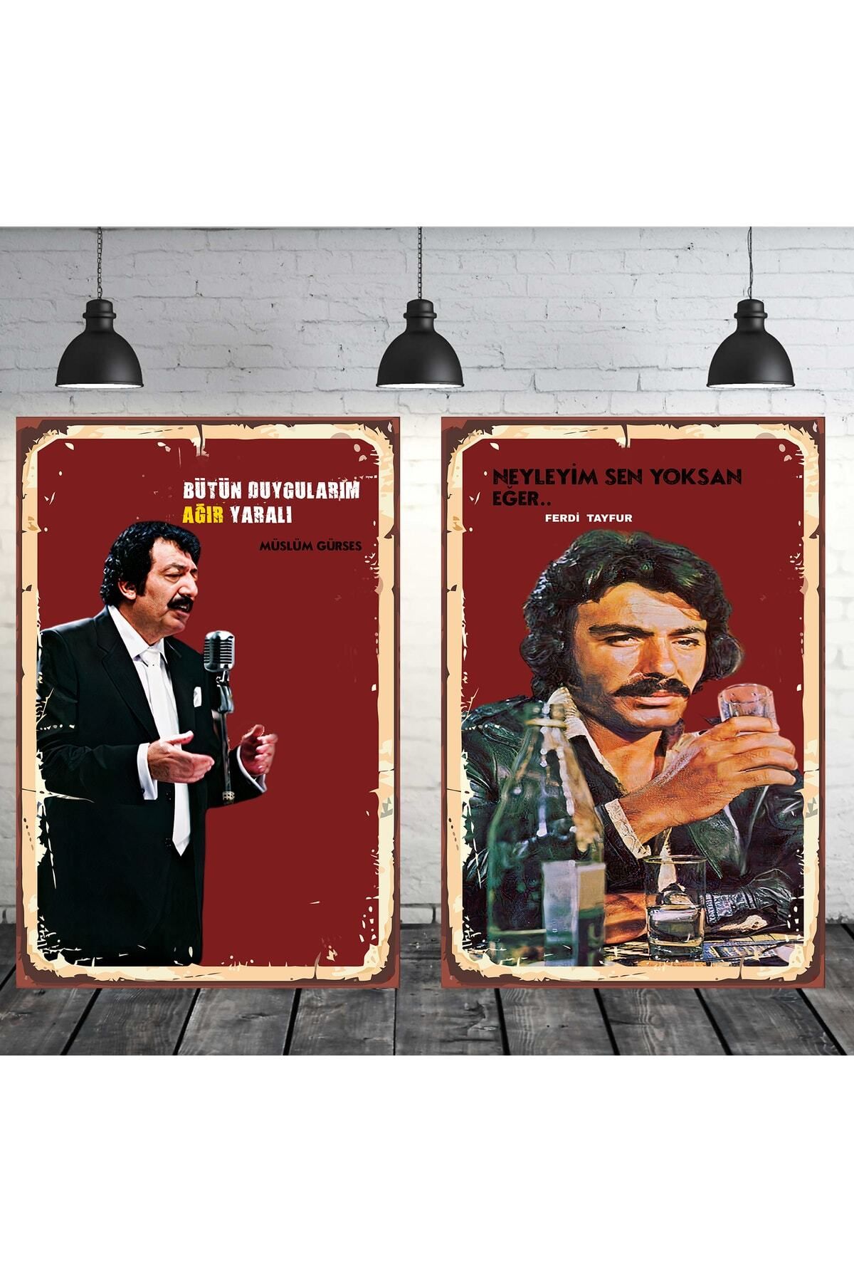 TAKIFİX Müslüm Gürses & Ferdi Tayfur Seti 2 Adet 20x30 Cm Retro Ahşap Tablo