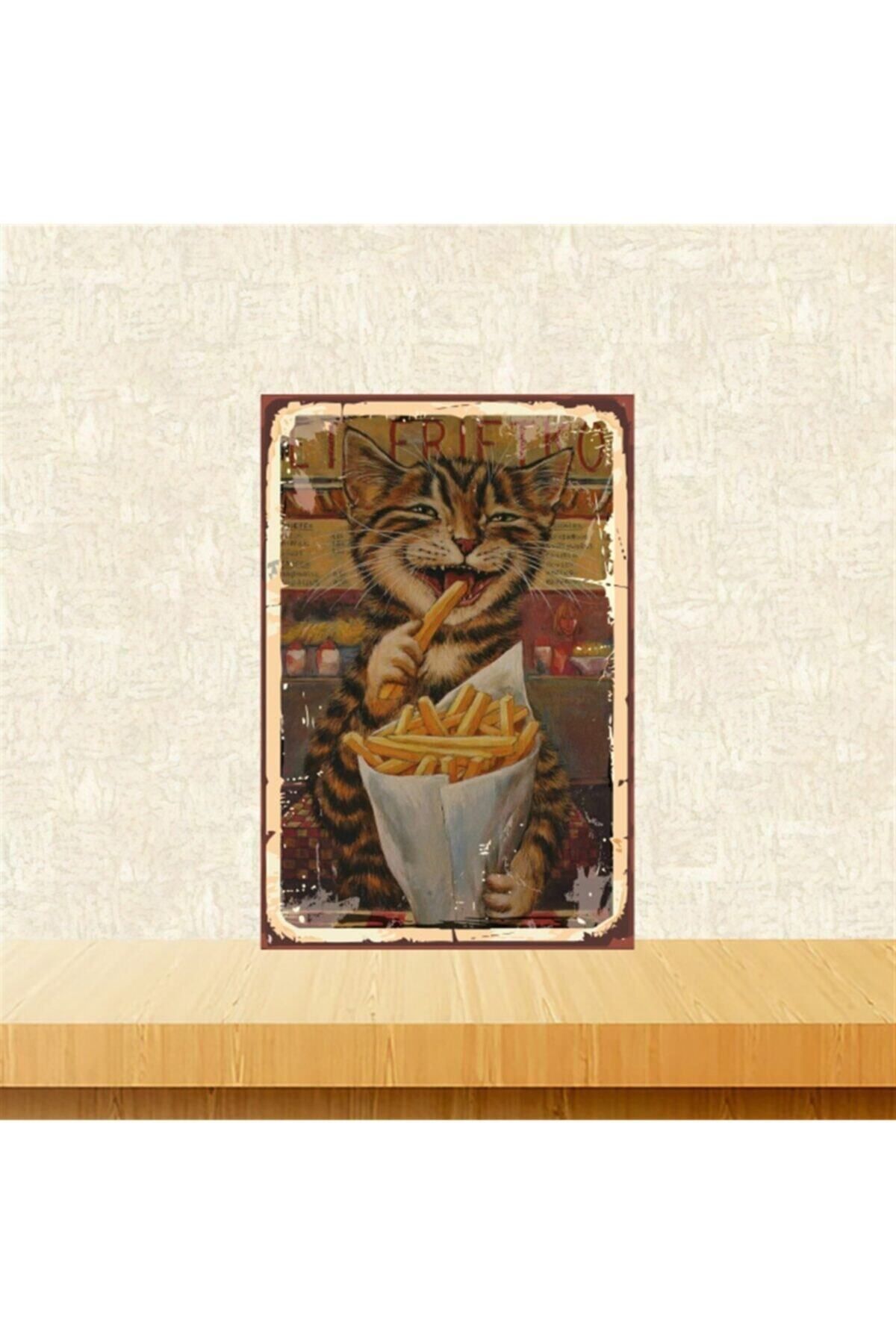 TAKIFİX Patates Yiyen Kedi 20-30 Cm Retro Ahşap Poster Tkfx4401