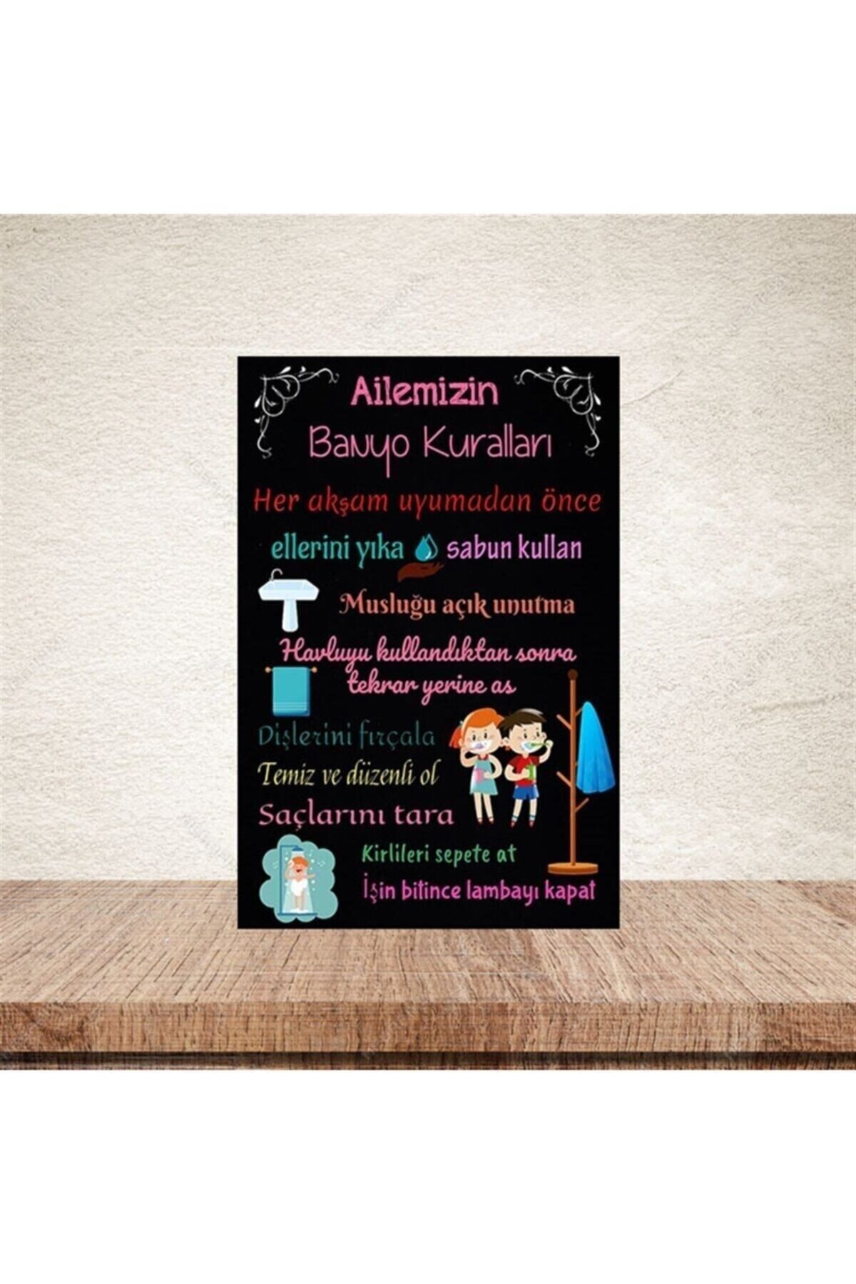 TAKIFİX Ailemizin Banyo Kuralları 20-30 Cm Retro Ahşap Poster