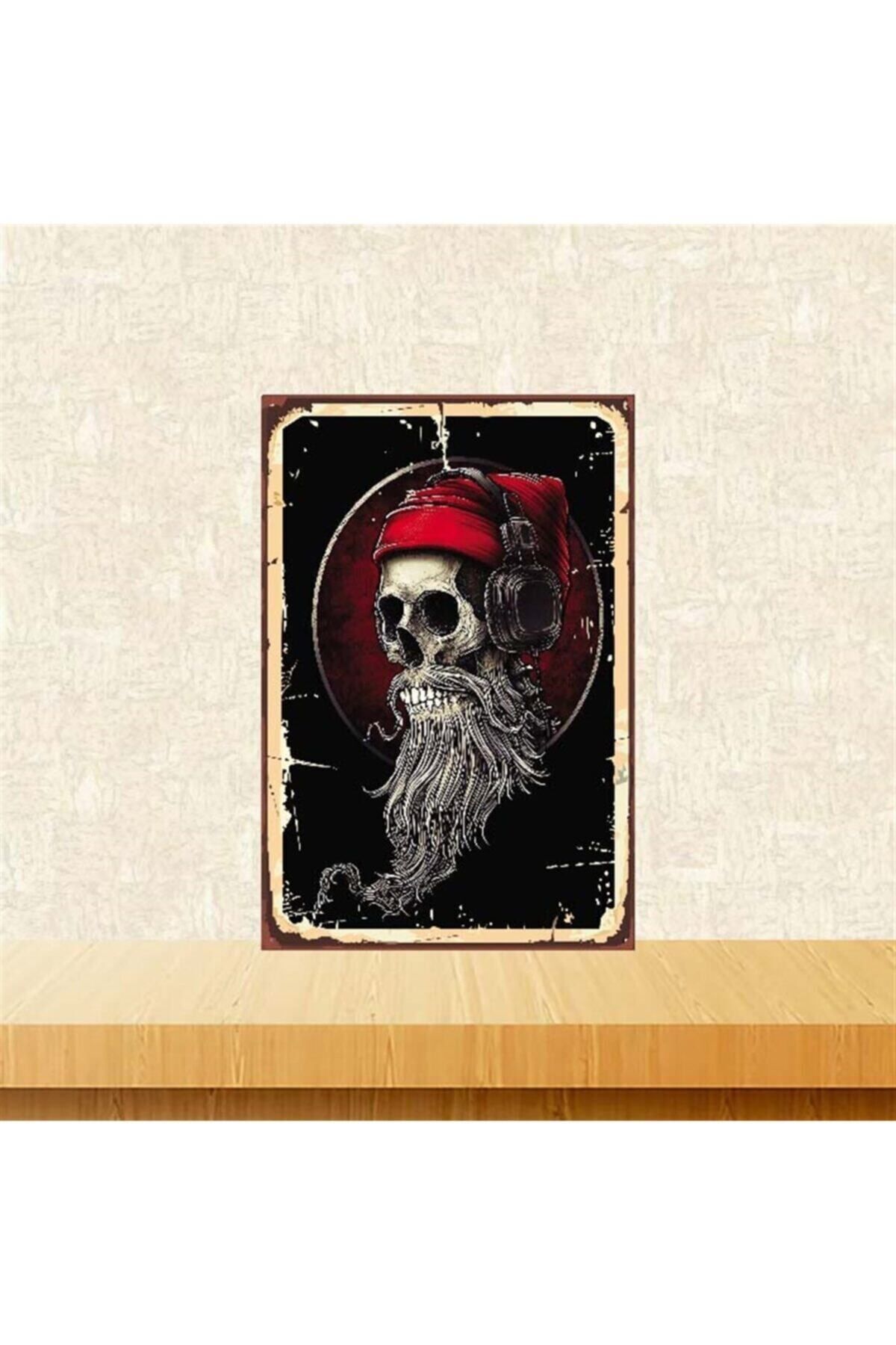 TAKIFİX Kulaklık Takan Kurukafa Tasarımlı 20-30 cm Retro Ahşap Poster