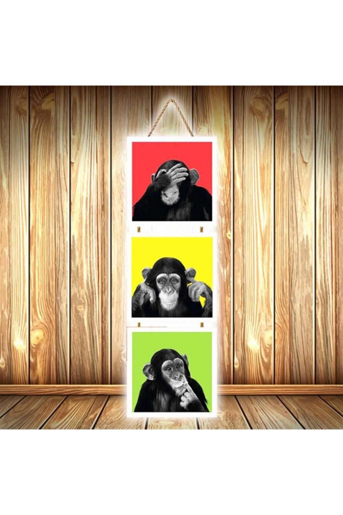 TAKIFİX Üç Maymun Tasarımlı Üçlü Retro Ahşap Poster Ü534