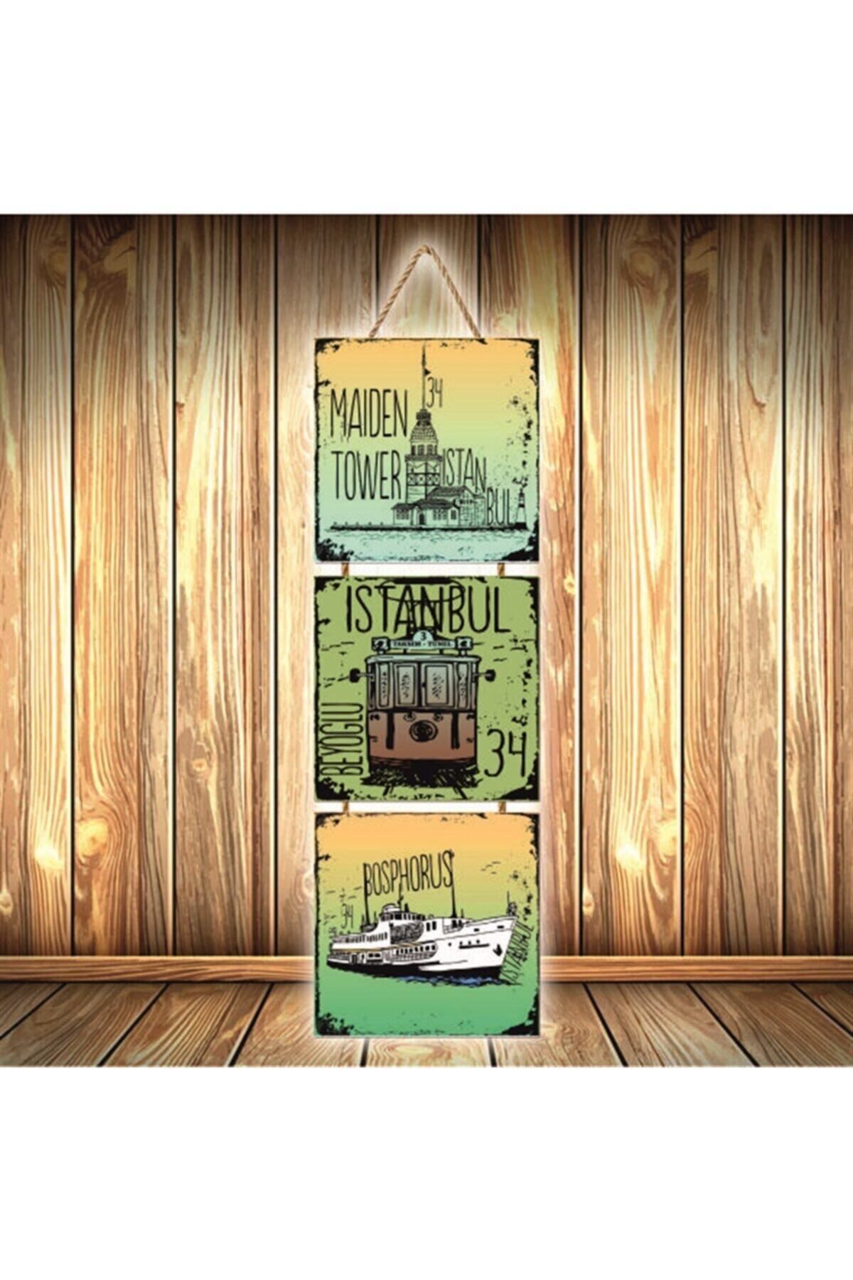 TAKIFİX Istanbul Tasarımlı Üçlü Retro Ahşap Poster Ü387