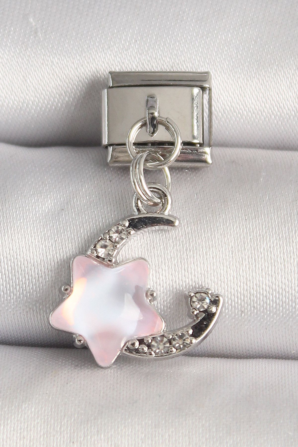 BirdoluSepet 316L Çelik Gümüş Renk Zirkon Taşlı Hilal Pembe Mineli Yıldız Model Nomination Charm