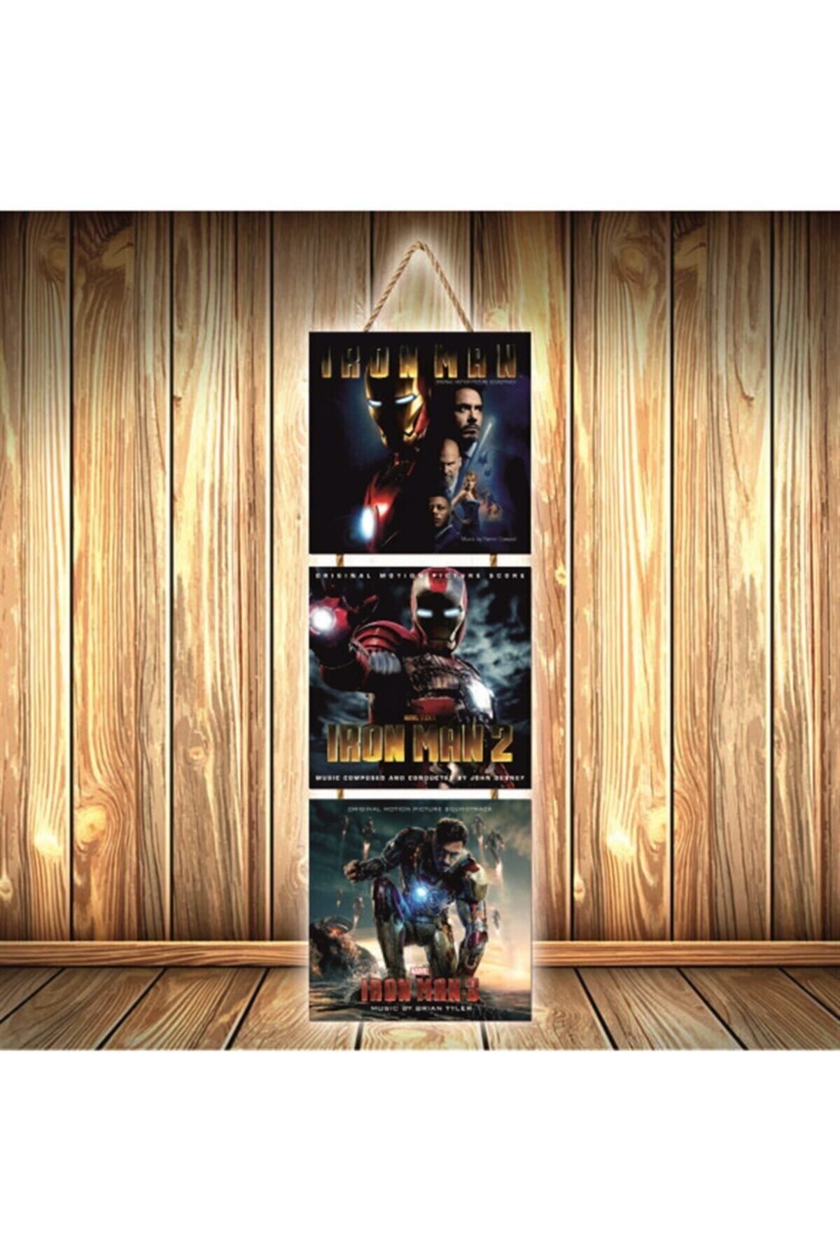 TAKIFİX Ironman 1 2 3 Tasarımlı Üçlü Retro Ahşap Poster Ü318
