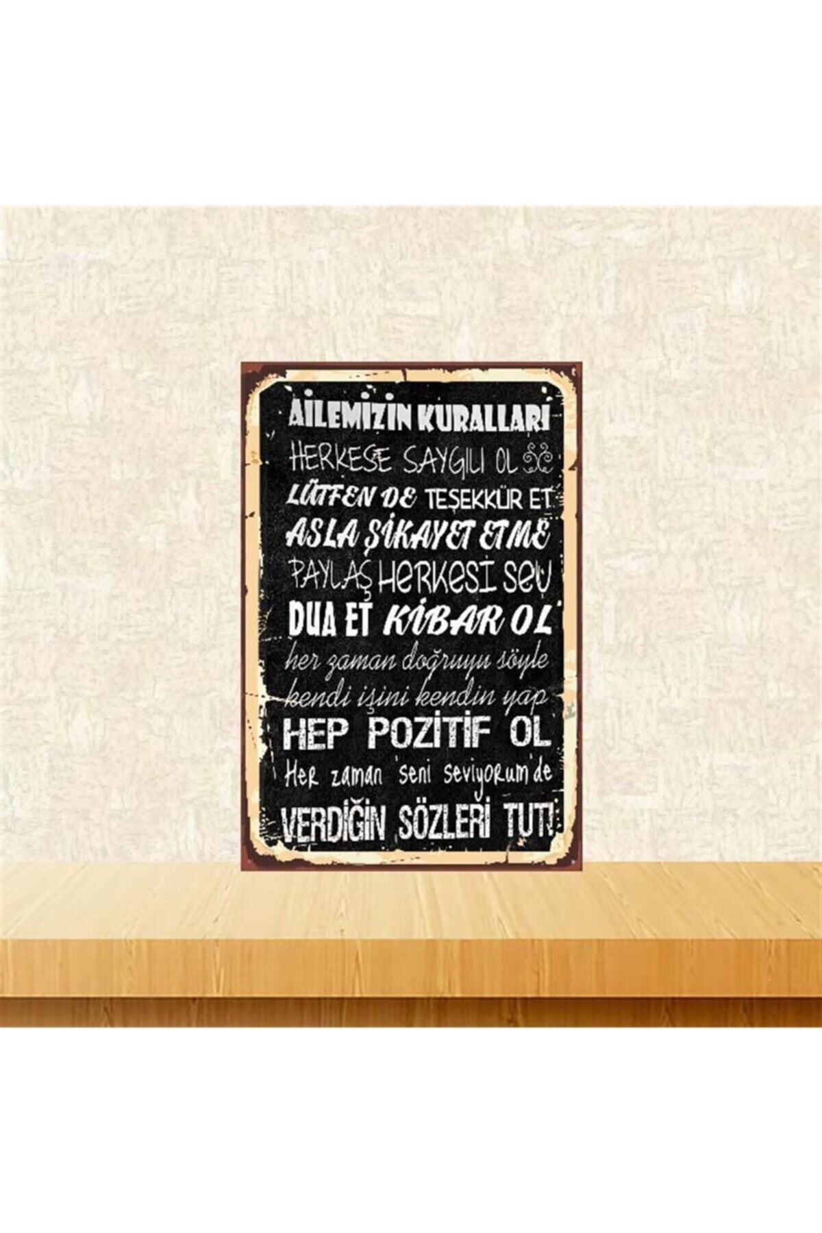TAKIFİX Ailemizin Kuralları Retro Ahşap Poster 20-30 Cm Tkfx4075