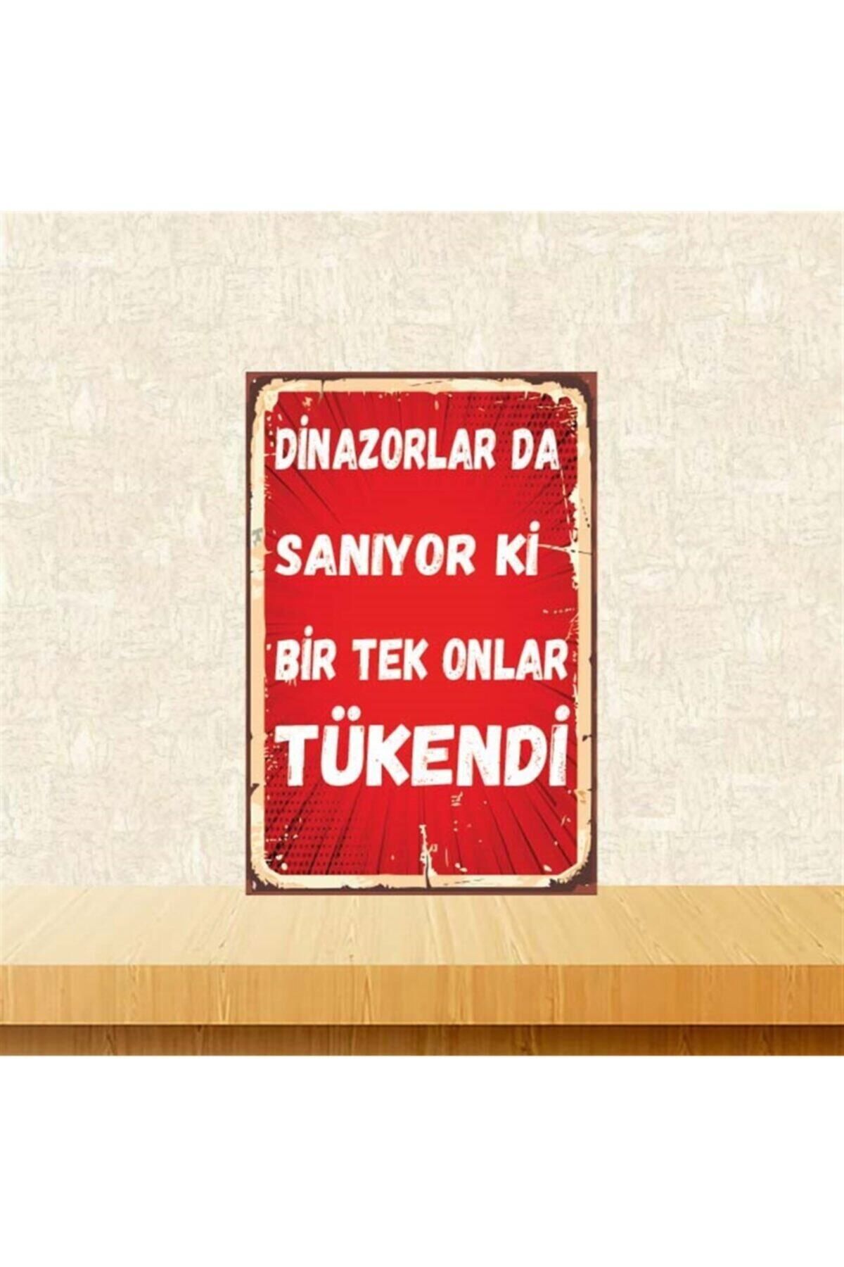 TAKIFİX Kırmızı Dinazorlar Da Sanıyor Ki Retro Ahşap Poster 20x30 cm