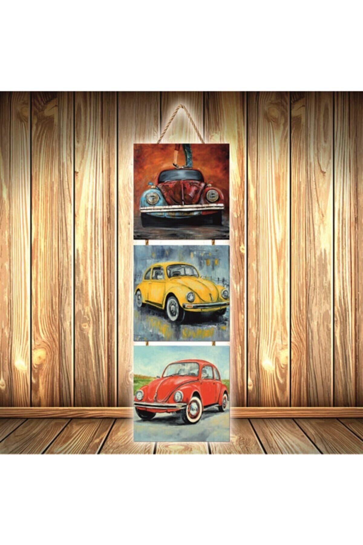 TAKIFİX Vosvos Tasarımlı Üçlü Retro Ahşap Poster Ü298