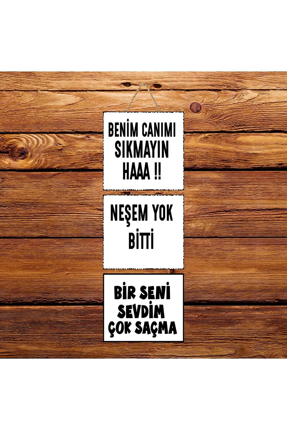 TAKIFİX Bir Seni Sevdim Çok Saçma Tasarımlı Üçlü Retro Ahşap Tablo