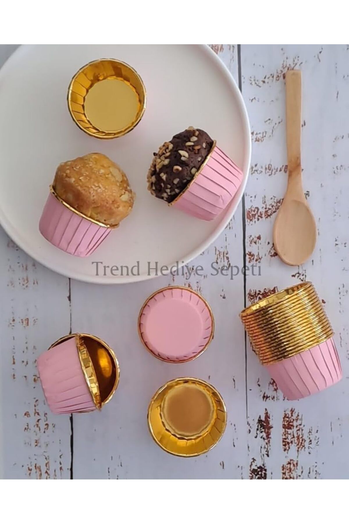 KDROĞLU KDROGLU Hediye Sepeti 25'li Pembe Gold Muffin Kek Kalıbı, Kek Kapsülü Cupcake Kalıbı, Airfryer