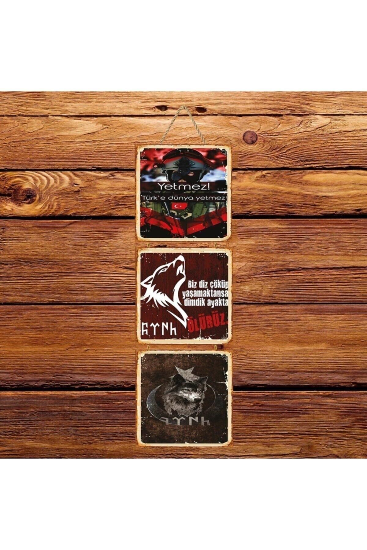TAKIFİX Dimdik Ayakta Ölürüz Üçlü Retro Ahşap Poster