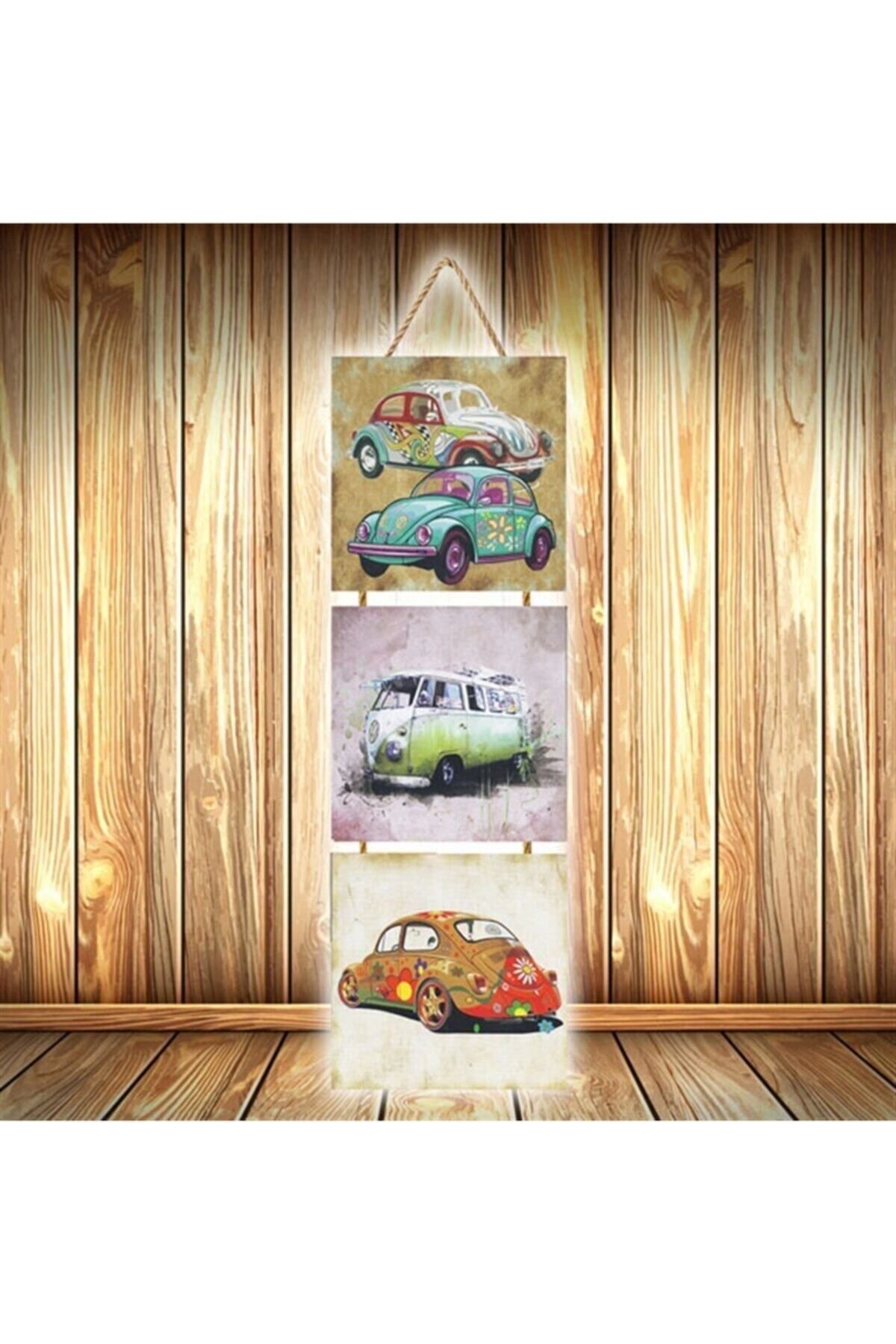 TAKIFİX Retro Arabalar Tasarımlı Üçlü Retro Ahşap Poster Ü551