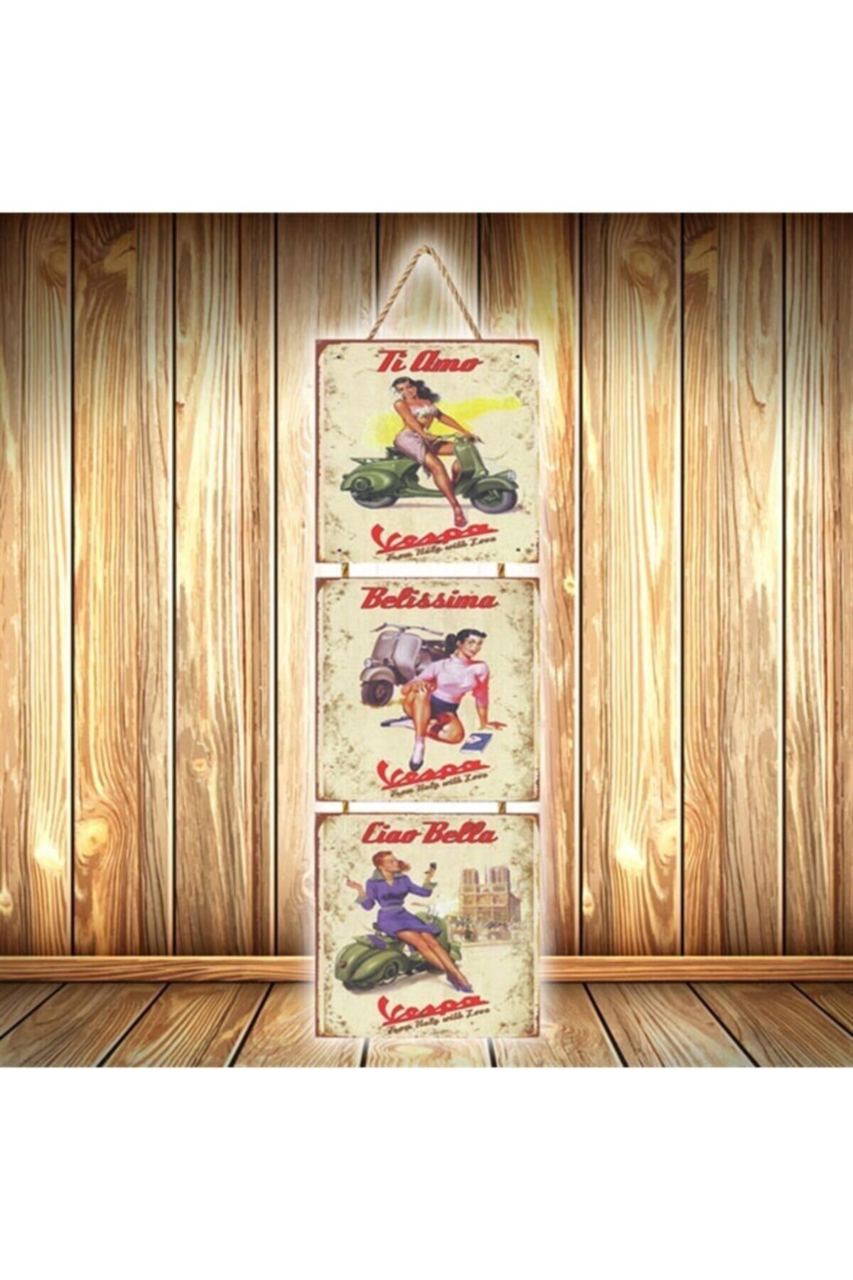 TAKIFİX Ti Amo Tasarımlı Üçlü Retro Ahşap Poster Ü555