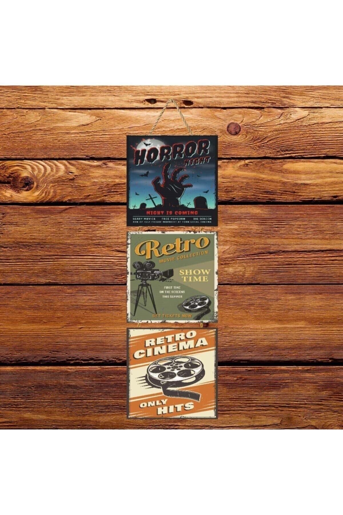 TAKIFİX Retro Cinema Üçlü Retro Ahşap Poster Ü155