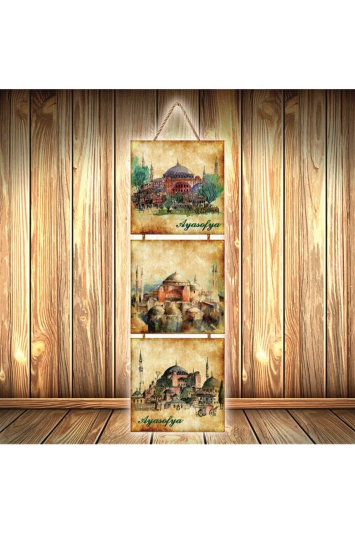 TAKIFİX Ayasofya Tasarımlı Üçlü Retro Ahşap Poster Ü522