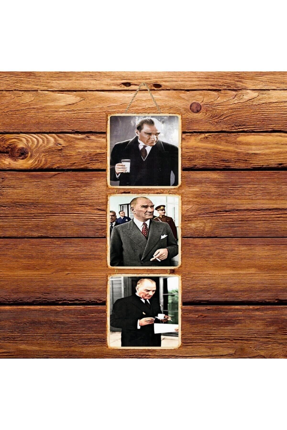TAKIFİX Atatürk Üçlü Retro Ahşap Poster