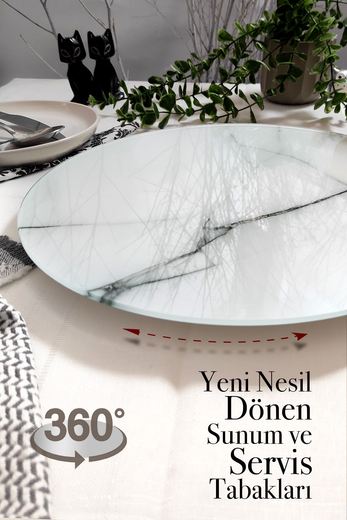 Sunum360-White Marble Patterned Luxury Service Presentation Plate with Rotating Stand. Rotating Cake and Cheese Plate Stand 2