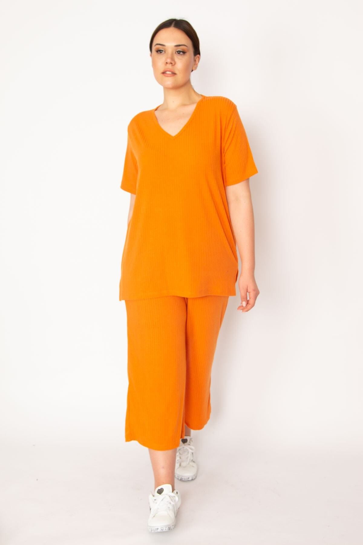 Şans-Camolă portocalie pentru femei, tricotată, cu talie elastică, pantaloni lați, bluză cu decolteu în V, costum 65N32939 6