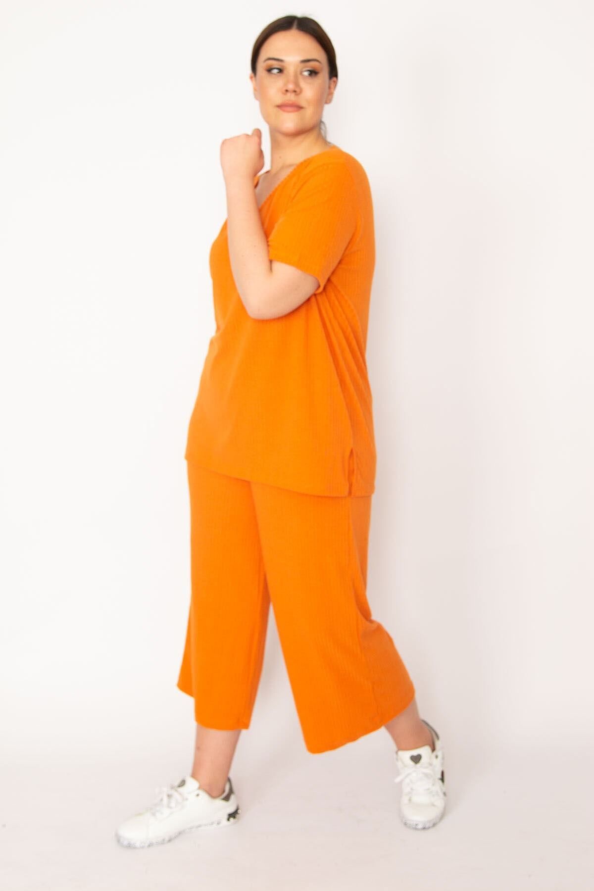 Şans-Camolă portocalie pentru femei, tricotată, cu talie elastică, pantaloni lați, bluză cu decolteu în V, costum 65N32939 3