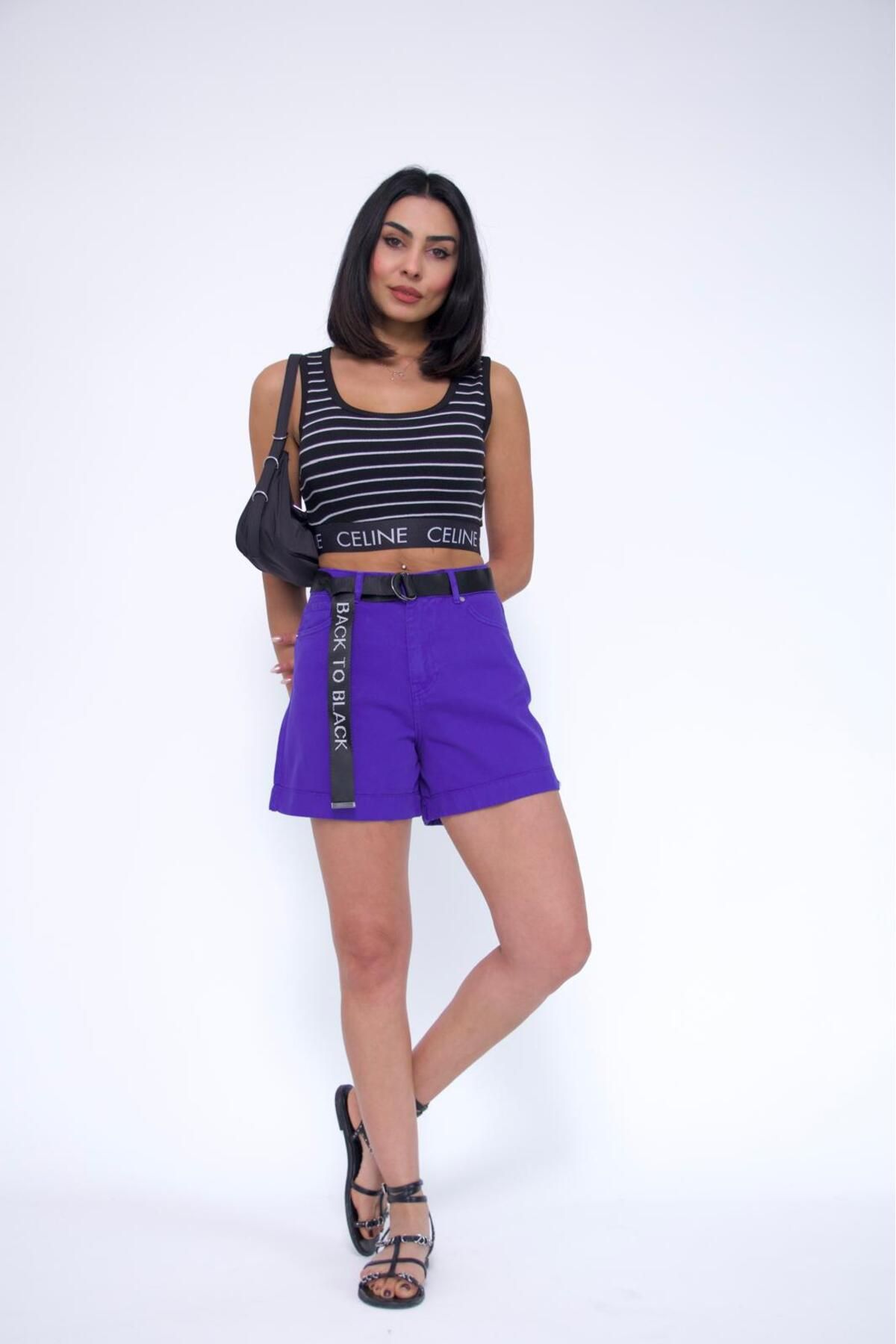 Zeo Basic-Double Leg Purple Belted Shorts 5