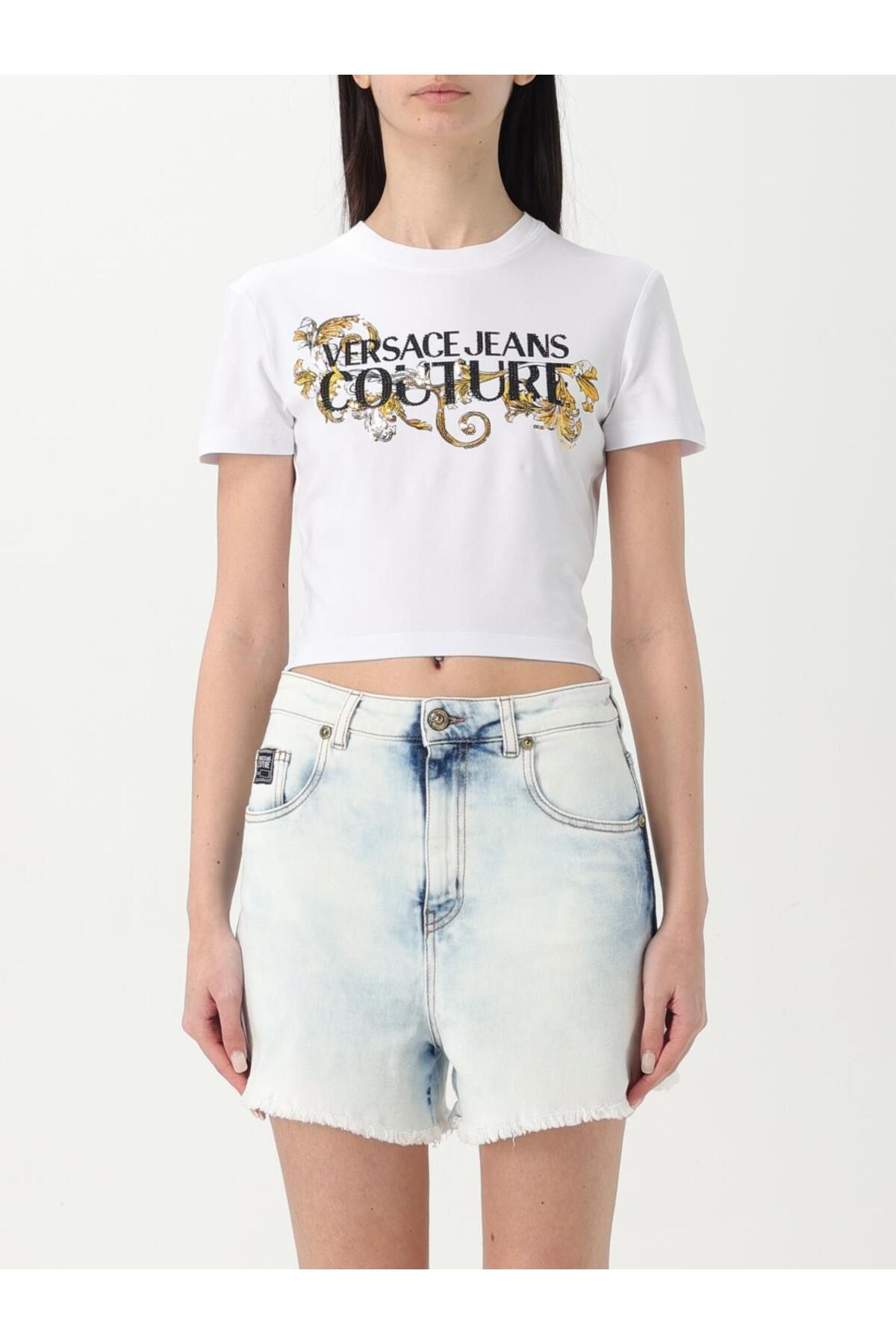 Versace-Women's Slim Fit Cotton Short Sleeve Crop White-Gold T-Shirt 78Hahc05Cj02C-G03 1