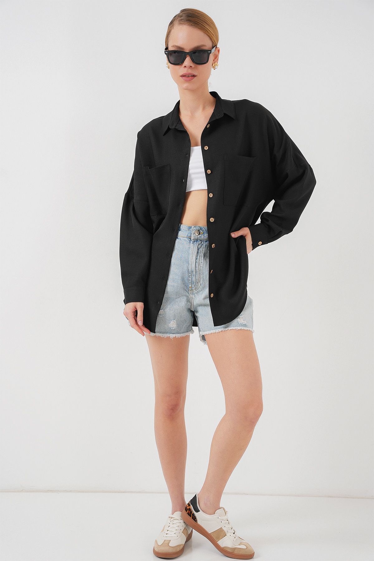 Bigdart-20126 Black Oversize Linen Shirt 2