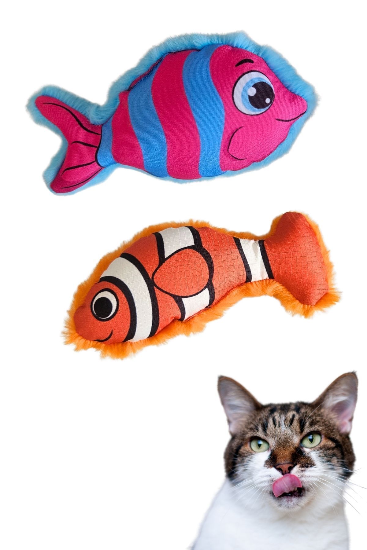 Peluş Balık Kedi Oyuncak Seti (2 Adet) Mavi ve Turuncu Renkli Kediler İçin Aktivite Oyuncağı