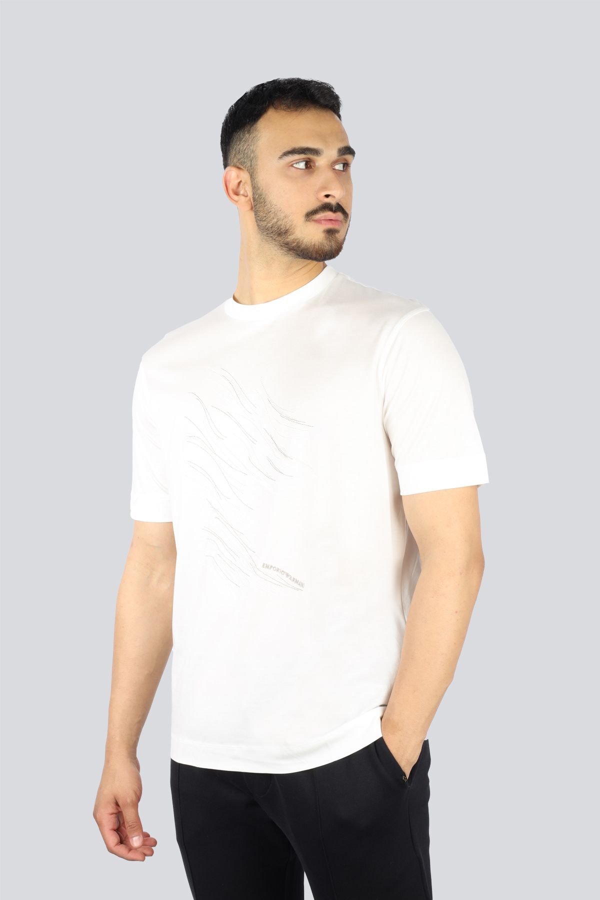 Emporio Armani-Men's Regular Fit Collar Stitching Embroidered White T-Shirt 3