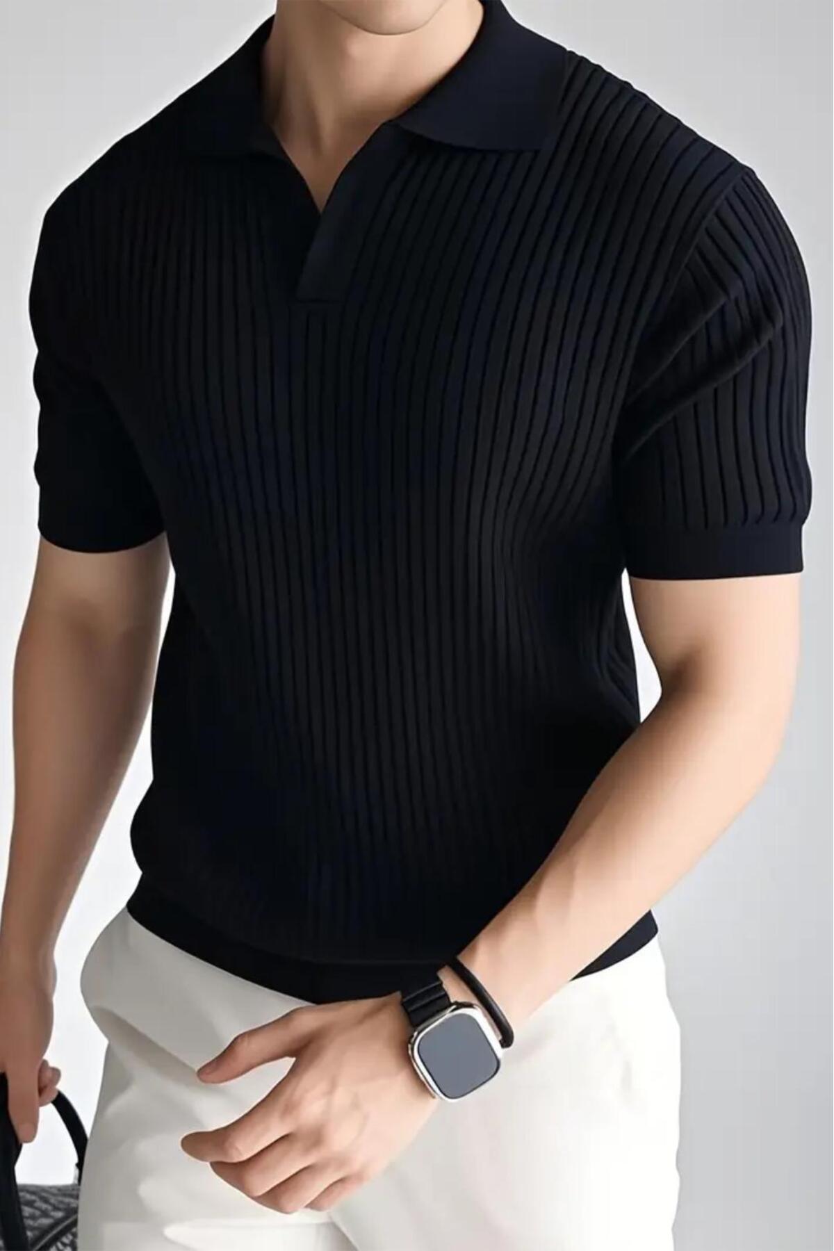 since 1990 man Manlorens Striped Lycra Slim Fit Polo Neck Knitted Men's Knitwear Tshirt