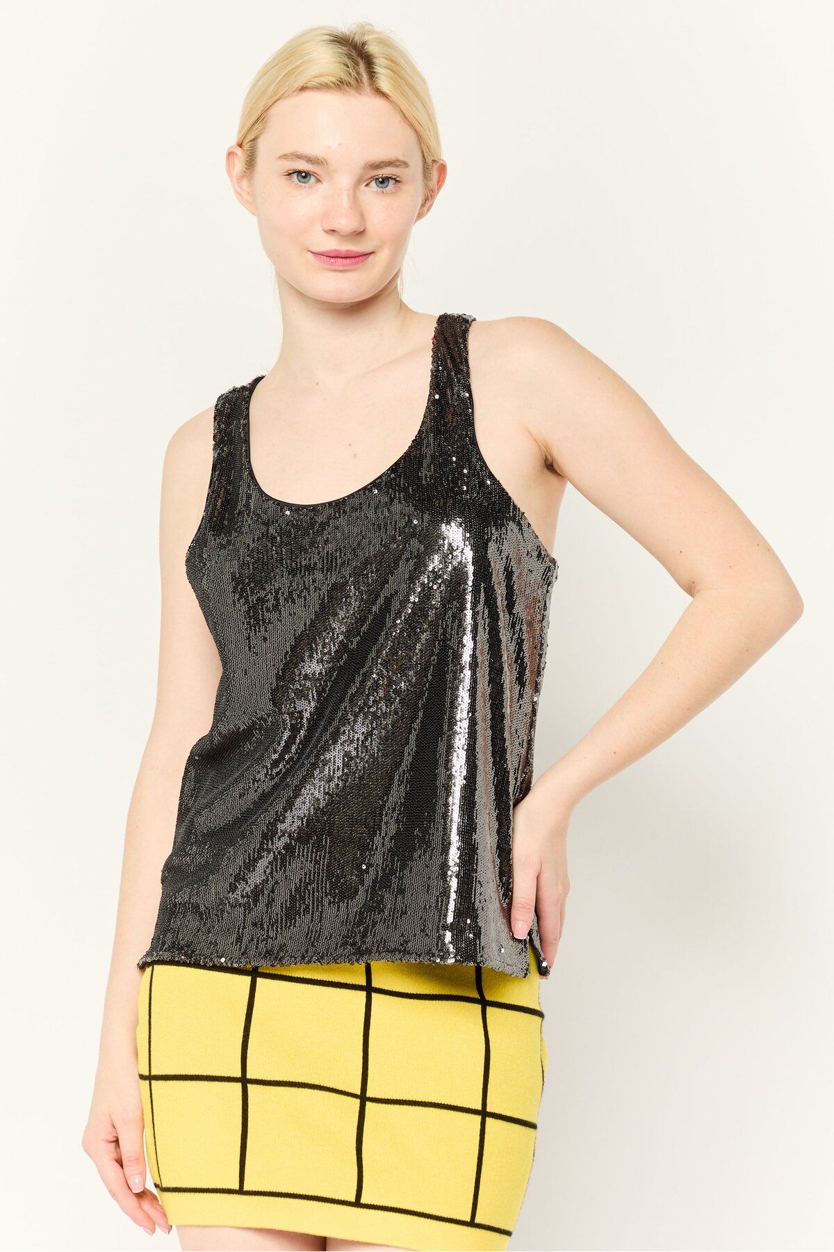 Esprit-Women Scoop Neck Sleeveless Sequined Tank Top, Black 1