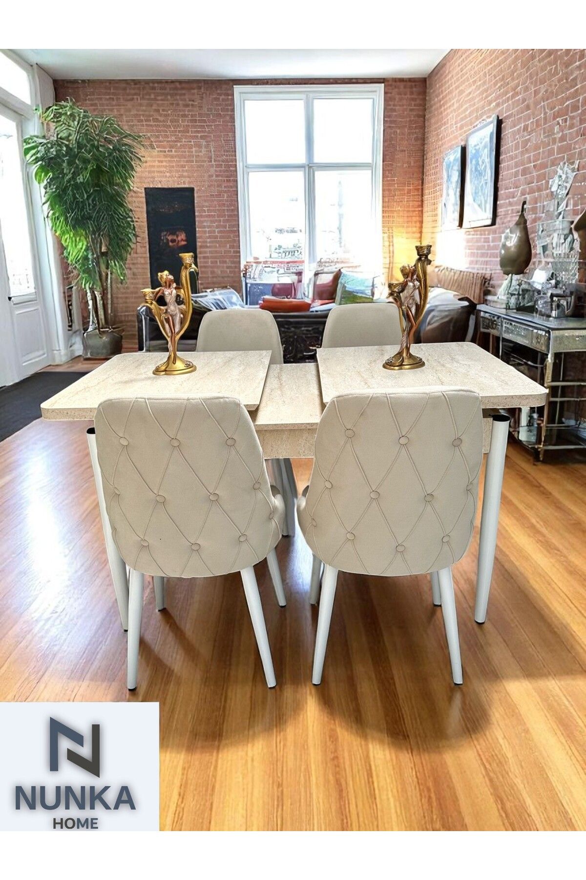 NUNKA HOME 4 Kişilik Traverten Desenli Kelebek Yemek Masası Takımı Krem Baybface Sandalyeli Modern Tasarım
