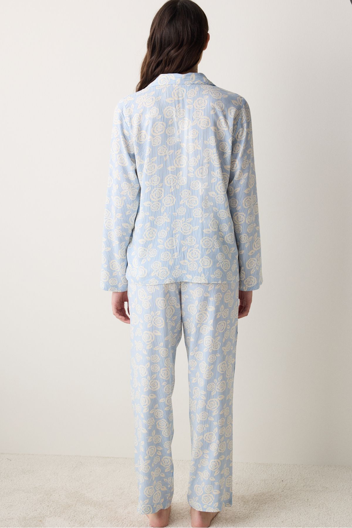 Penti-Trandafiri Cămașă Pantaloni Set Pijama Albastru Deschis 5