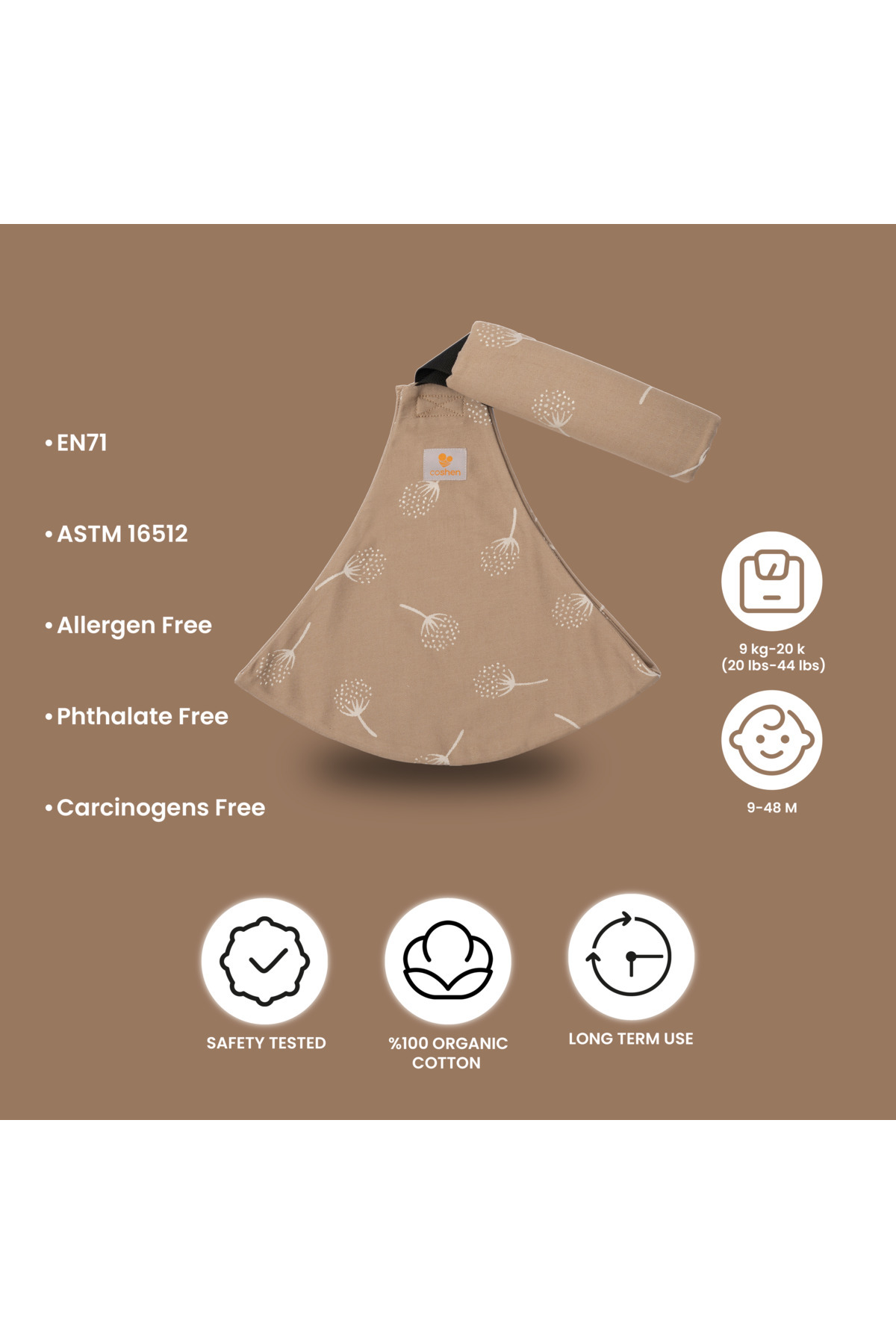 coshen Bebek çocuk taşıyıcı portbebe sling 9 - 20 kg organik pamuk mocha fotoğrafı 7 (önizleme)