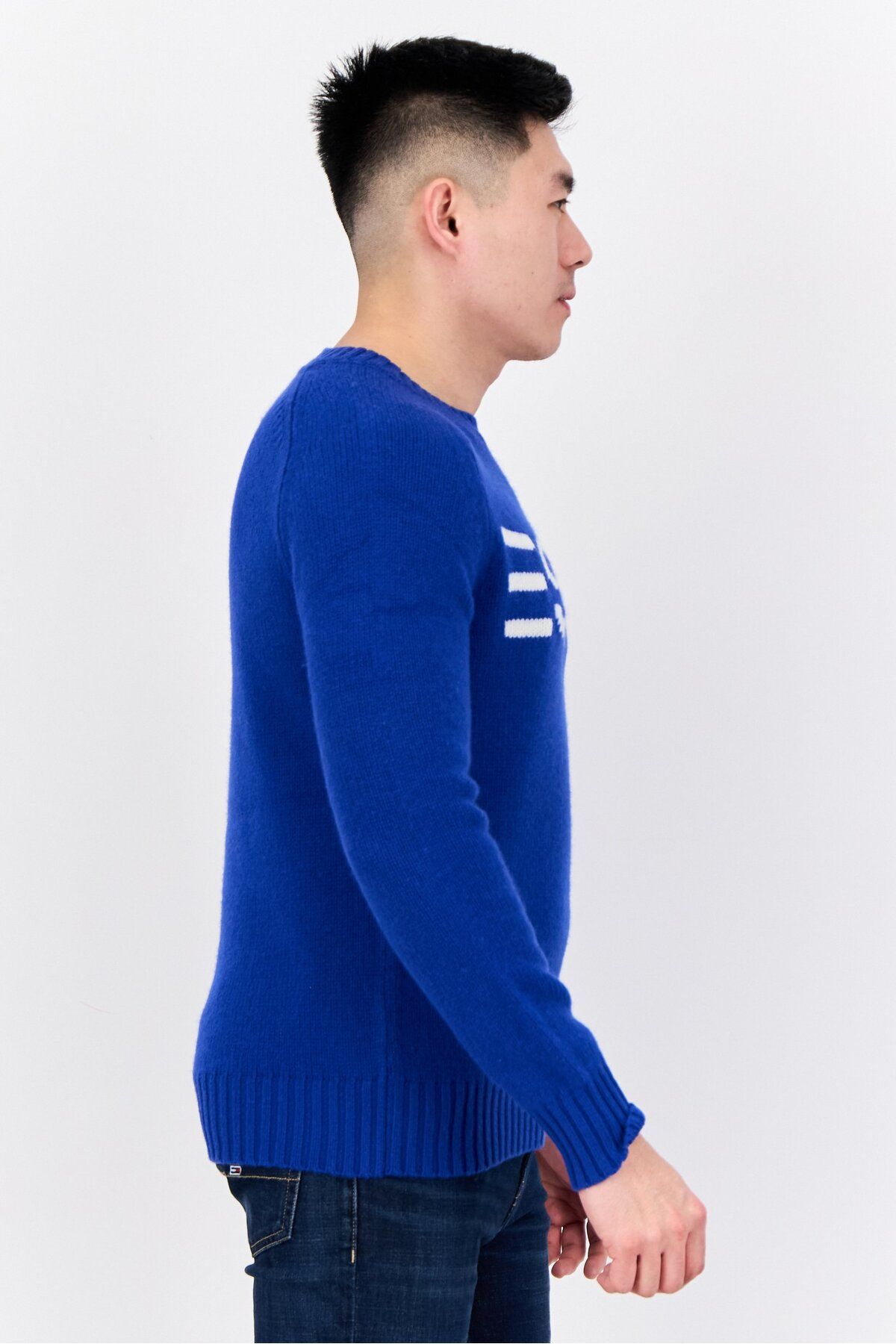 Esprit-Men Ribbed Neck Embroidered Logo Sweater, Blue 3