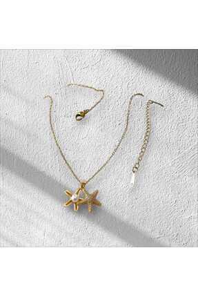 Modontik Gold Minimal Zincir İnci Detay Zirkon Deniz Yıldızı Çelik Kolye 45 Cm