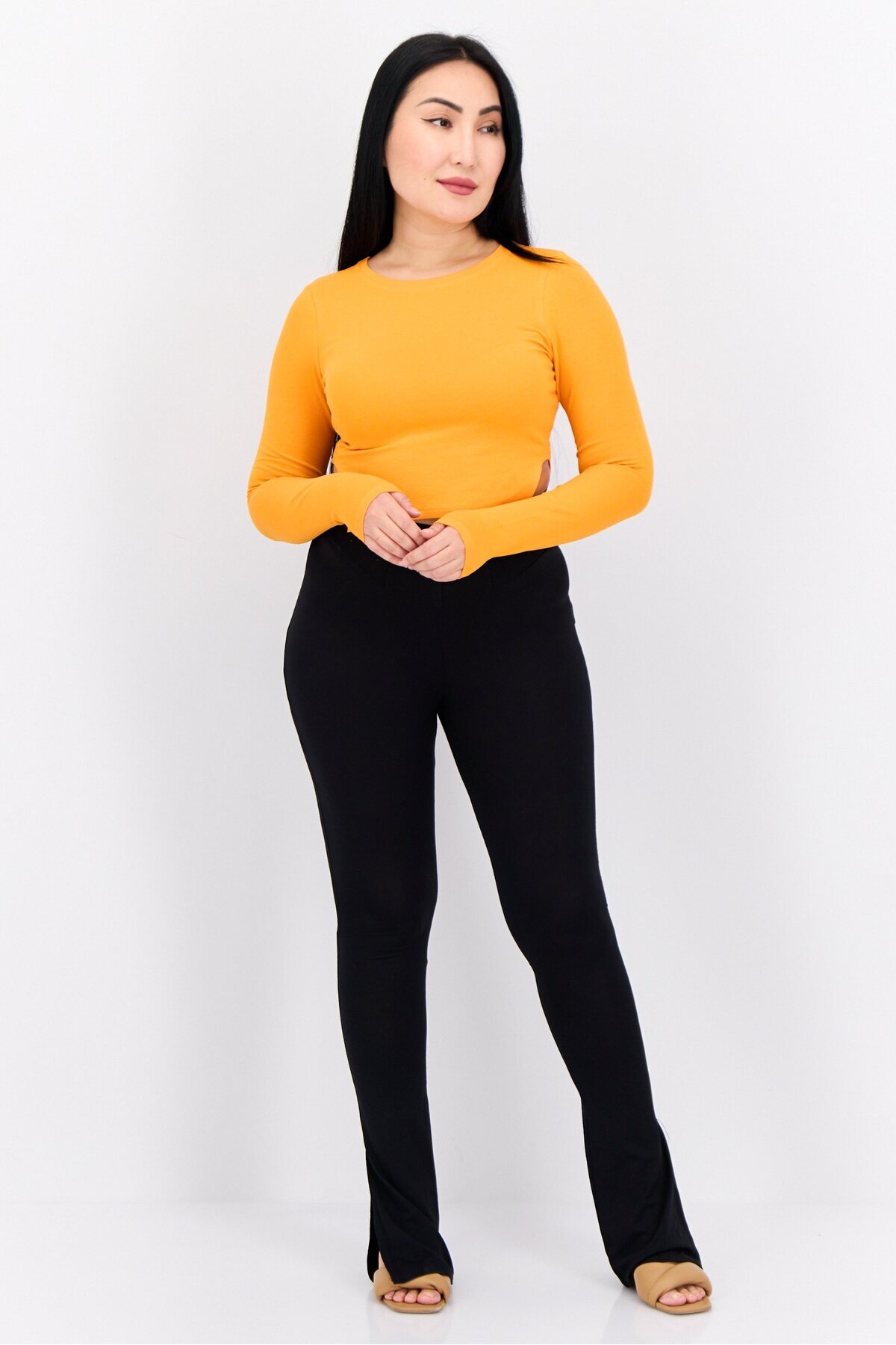 Asos Design-Women Round Neck Long Sleeve Plain Cropped Top, Orange 4
