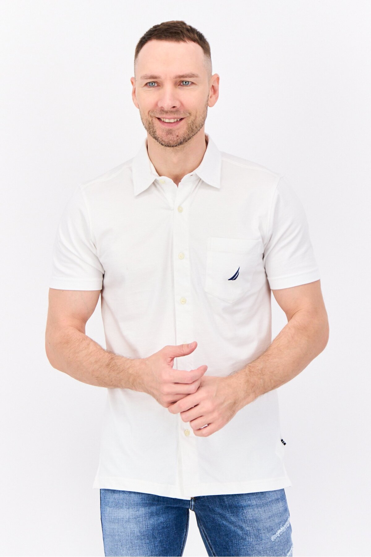 Nautica-Men Regular Fit Embroidered Logo Short Sleeves Casual Shirt, White 1