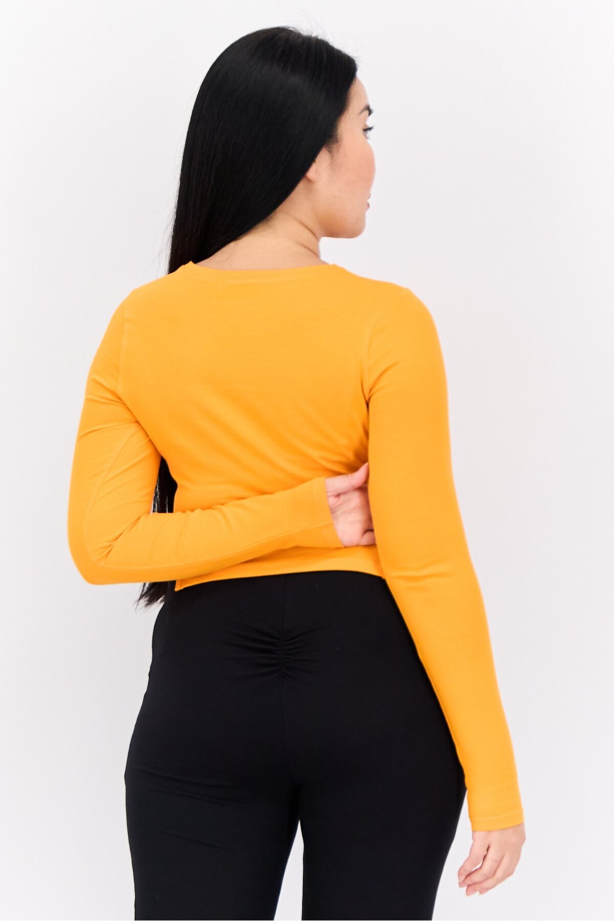 Asos Design-Women Round Neck Long Sleeve Plain Cropped Top, Orange 3