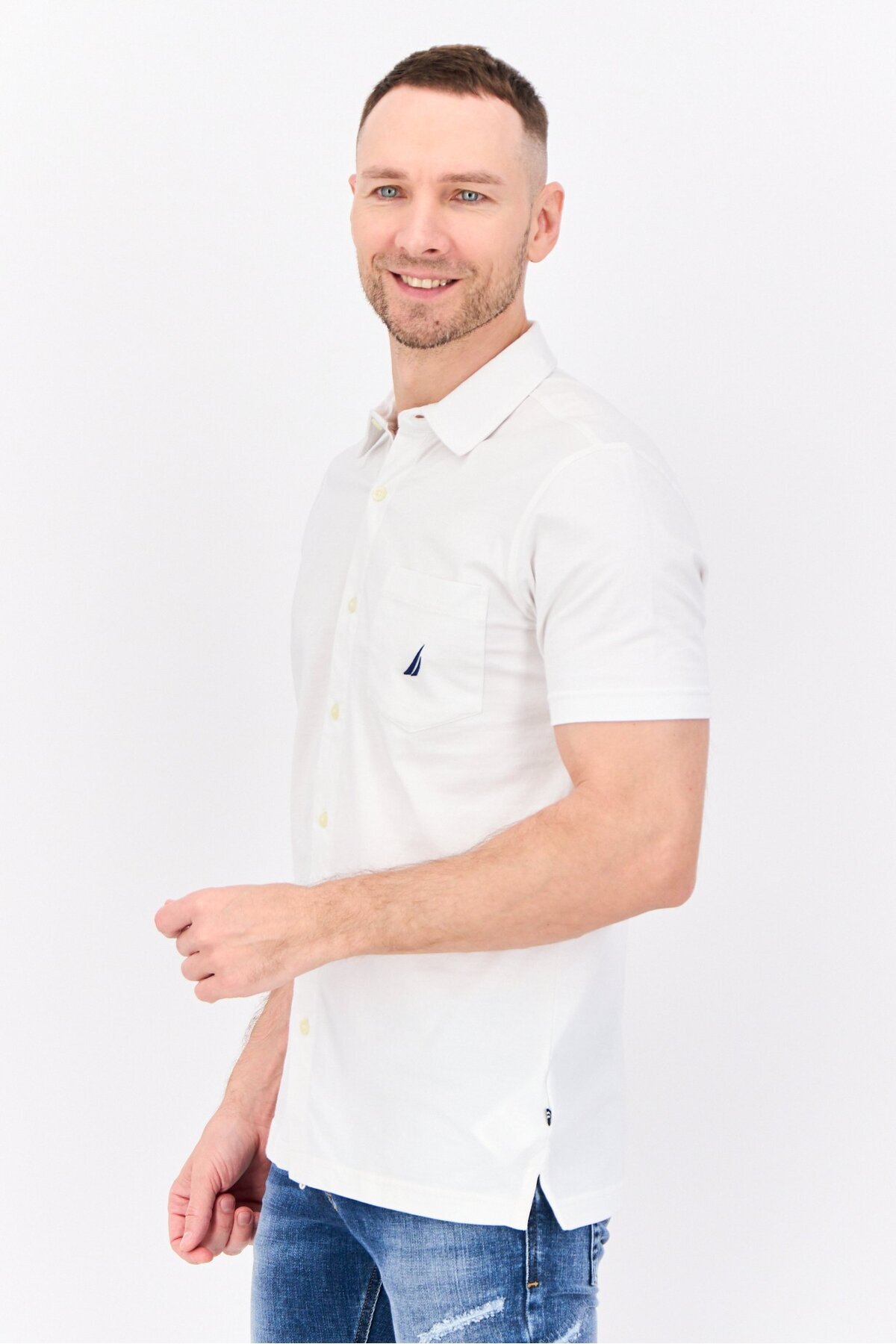 Nautica-Men Regular Fit Embroidered Logo Short Sleeves Casual Shirt, White 3