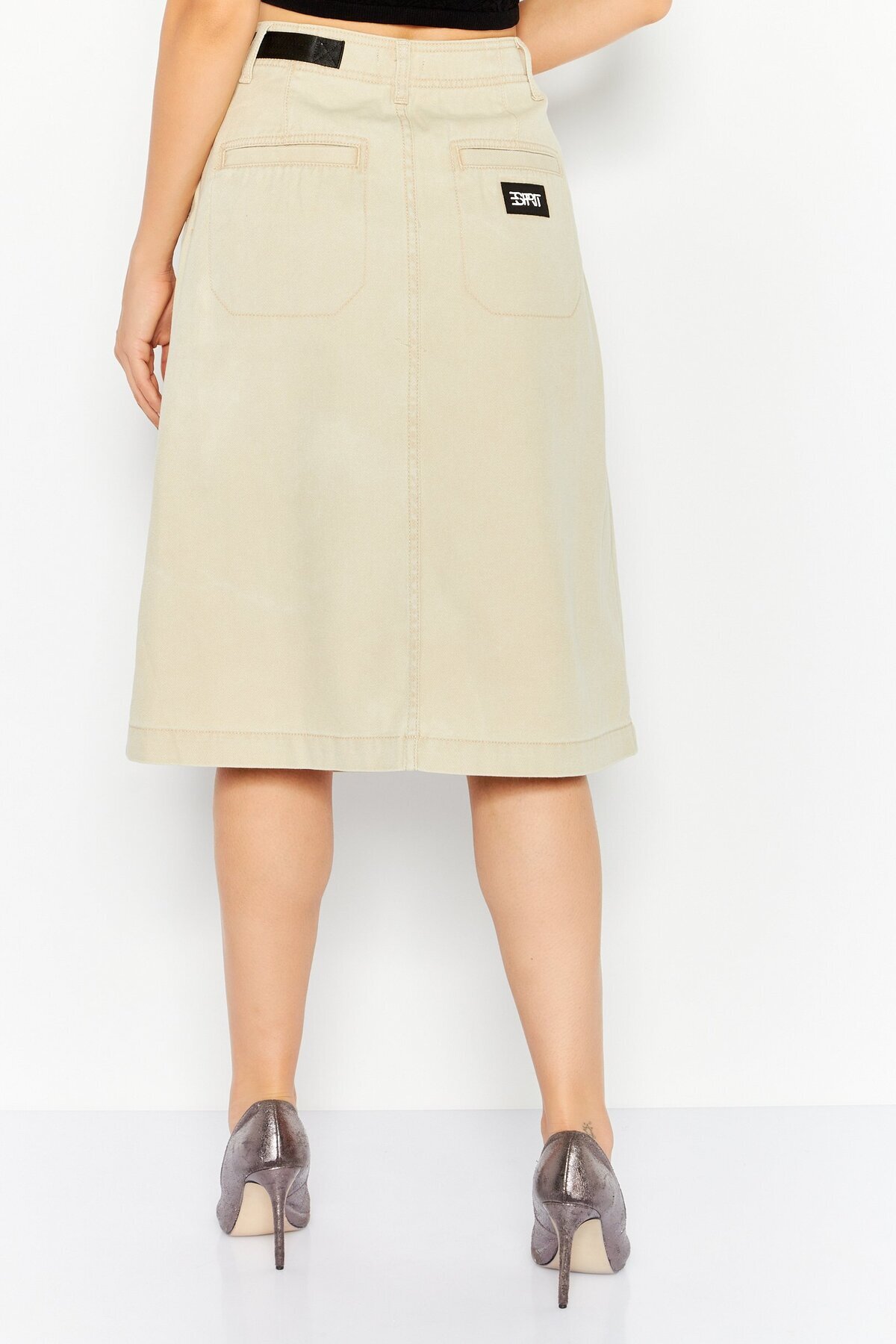 Esprit-Women Plain Buckle Waist Midi Skirts, Beige 4