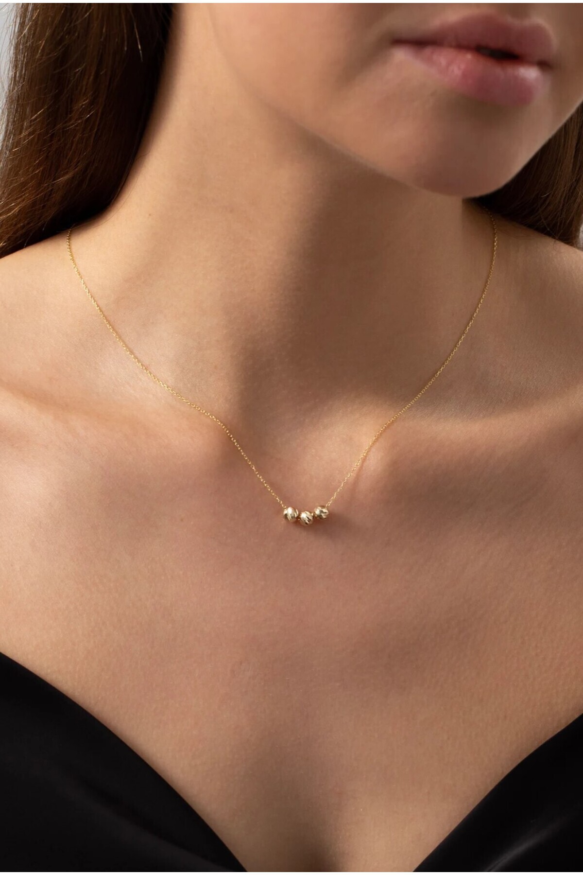 Stainless Steel Chain Gold Plated Triple Dorica Beads Detailed Necklace
