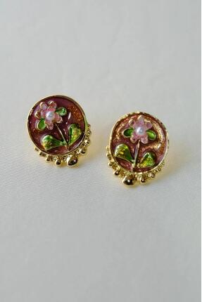 TAKIMOON Bordo Vintage Pembe Çiçekli Gold Detaylı Küpe